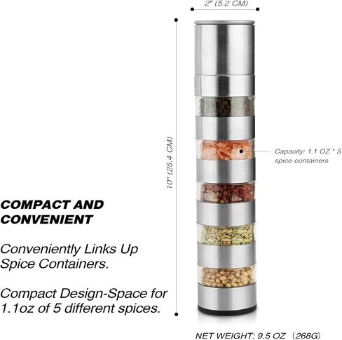 Sunmei Portable Travel Spice Kit, Modular Travel Spice Containers, 5-in-1 Spice Salt and Pepper Grinder Set for Camping Kitchen, Travel, Car Camping, RV, Outdoors (Stainless Steel, 1.1 fl.oz. x 5) in Saudi Arabia