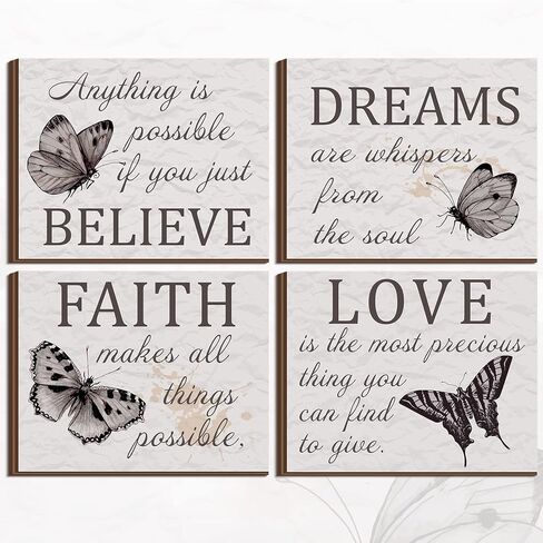 Laumoi 4 قطع فراشة ملهمة جدار الفن يقتبس الحب حلم الإيمان صدق علامات الحائط ديكور رمادي فراشة غرفة ديكور تلع ريفي تشجيع قماش علامات للمنزل غرفة نوم 8 × 10 في in Kuwait