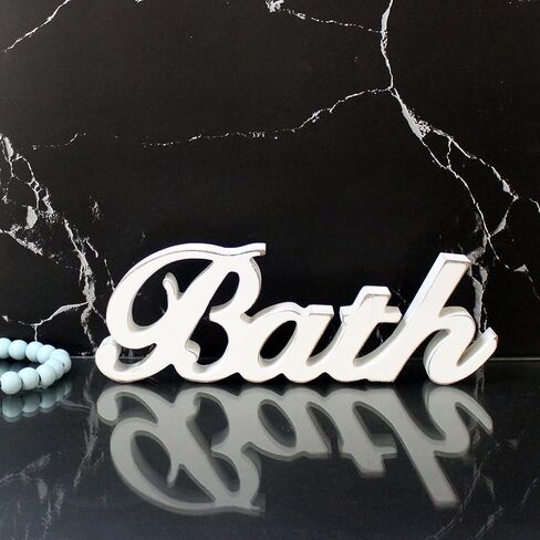 CVHOMEDECO. Rustic Vintage Wooden Words Sign Free Standing Bath, Bathroom/Home Wall/Door Decoration Art (Distressed White 1) in Saudi Arabia