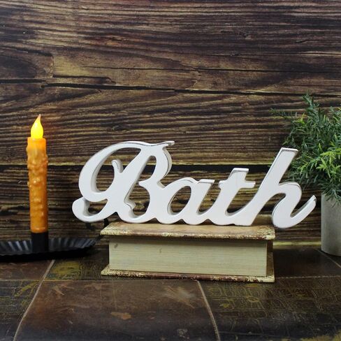 CVHOMEDECO. Rustic Vintage Wooden Words Sign Free Standing Bath, Bathroom/Home Wall/Door Decoration Art (Distressed White 1) in Saudi Arabia