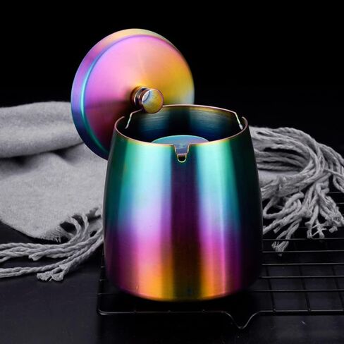 منفضة سجائر مع غطاء من الفولاذ المقاوم للصدأ الذي لا يدخن، منافض سجائر مقاومة للرياح ومضادة للرائحة للاستخدام الخارجي في الفناء المنزلي والمكتب عديم الرائحة (قوس قزح) in Kuwait