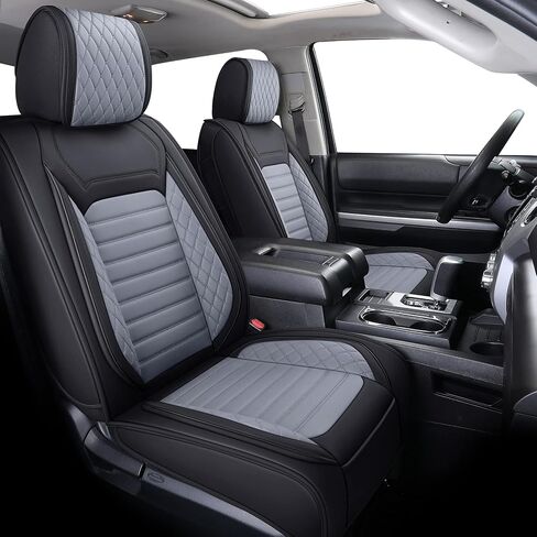 أغطية مقاعد Aierxuan لسيارة Toyota Tundra Truck Pickup مجموعة كاملة تناسب 2008-2024 Crewmax مزدوجة الكابينة وسائد جلدية مقاومة للماء متوافقة مع مقعد منفصل 40/60 (مجموعة كاملة/أسود-رمادي) in Kuwait