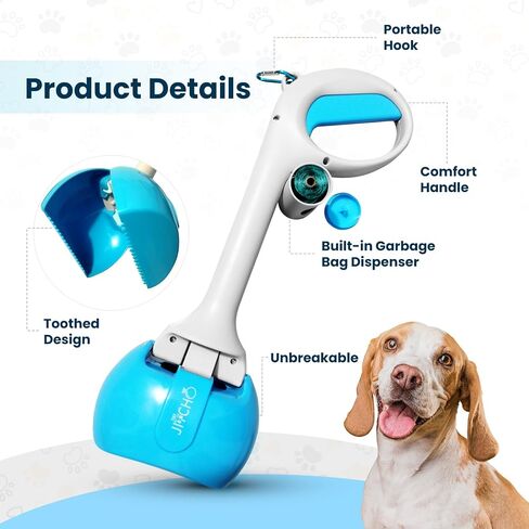 Pooper Scooper with 50 Waste Bags, Non-Breakable Dog Pooper Scooper with Built-in Poop Bag Dispenser & Leash Hook, Easy to Use & Portable Pet Poop Scooper for Dogs & Cats (Blue) in Saudi Arabia