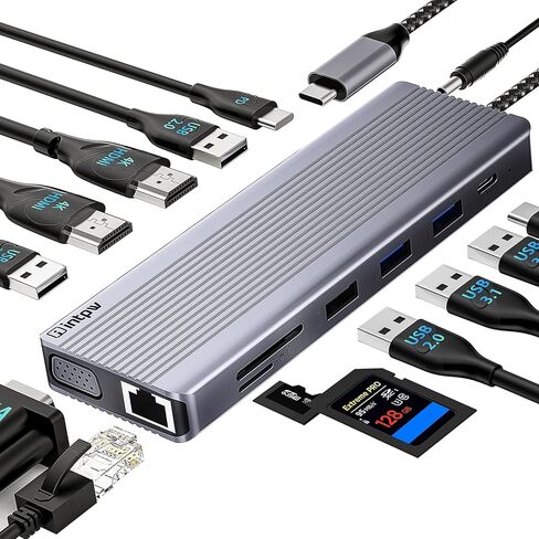 محطة إرساء USB C شاشة مزدوجة، شاشة intpw 14 في 1 USB C ثلاثية مع 2 HDMI وVGA و3 USB 3.1 بسرعة 10 جيجابت في الثانية و3 USB 2.0 وإيثرنت وSD/TF وصوت ومحطة إرساء للكمبيوتر المحمول Dell/HP/Lenovo /ماك بوك برو in Kuwait