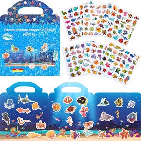 Reusable Sticker Book for Toddlers, Summer Ocean Animal Stickers Activity Book for Airplane Train Car Travel Toys Water-Repellent Stickers for 2 3 4 5 6 Year Kids Girls Boys Birthday Gifts