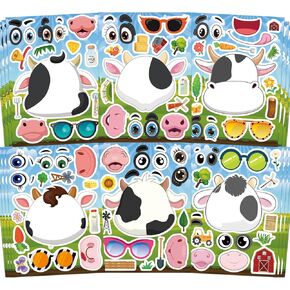 Cow Stickers 24 Pcs Make-A-Face Mix and Match Cow Sticker Sheets for Kids Cute Cow Party Favors and Crafts