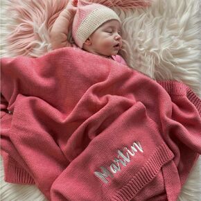 Knit Baby Blanket, Embroidered Baby Blanket, Cozy Soft Cotton Nursery Blanket for Baby Boy, Baby Girl, Newborn Baby Gifts, Baby Shower, Birthday, Pink