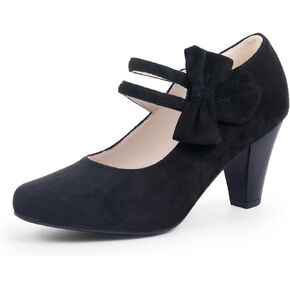 Women's Bow Mary Janes Shoes Closed Toe Block High Heel Dress Pumps