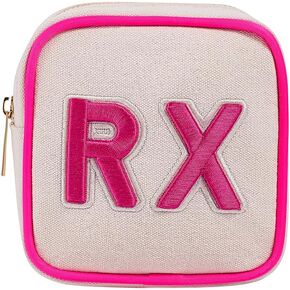 Small Canvas Rx Medicine Packages, Cute Chenille Letter Patch Drug Makeup Bag with Metal Zipper, Mini Travel First Aid Purse Organizer Machine Washable (01Beige)