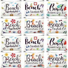 Chunful 12 Pcs Beach Makeup Bag Summer Beach Themes Cosmetic Bag Bulk Portable Essentials Kit Survival Kit Bag Flamingo Palm Leaves Cosmetic Pouch with Zipper for Women Travel Accessories (Beach)