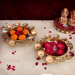 TIED RIBBONS Urlis for Decoration Indian | Iron, 10 Inch | Set of 2 | Urli Bowl Tealight Holder for Diwali | Urli Bowl with Diya for Home, Wedding, Pooja, Christmas | Maha Shivratri Decorations
