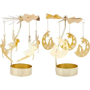 FINGERINSPIRE 2 Sets Rotary Candle Holder 2 Style (Moon Cat, Magic Fairy) Metal Spinning Candle Carousel Golden Rotating Tea Light Candle Holders for Wedding, Party Table Decor, Gifts