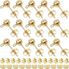 120pcs Hypoallergenic Ball Earring Studs with 150pcs Metal Earring Safety Backs Ball Post with Loop Earring Studs 5mmBall Post for Jewelry Earring Making (K Gold, 5mm)
