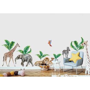 Kids Wall Decal Peel and Stick Cute Safari Animal Wall Decals Banana Tree with Parrot Wall Stickers