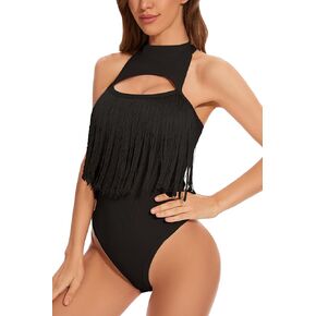 PEIQI Women's Fringe Trim Sleeveless Bodycon Halter Leotard Cutout Front Bodysuit Top