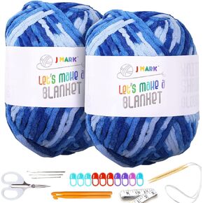 J MARK Chunky Blanket Yarn for Knitting 437 yd. 28 oz. (800 g) & Crocheting, Thick Yarn Balls, Circular Knitting Needle, Crochet Hooks, Measuring Tape, Scissors, Pins, Blunt Metal Needles, Manual