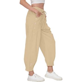 Women Wide Leg Capri Pants Drawstring Elastic Waist Lounge Pants Baggy Cinch Bottom Cropped Trousers with Pockets Khaki
