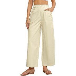 TBA Wide Leg Pants for Women Lightweight Cotton Straight Trousers with Pockets Elastic High Waist Button Lounge Pants