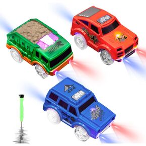 Unicorn Tracks Cars Replacement, Glow in The Dark Toy Cars for Kids, 4pack with 3 Flashing LED Lights