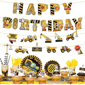 194 Pcs Construction Birthday Party Supplies,Dump Truck Party Decor with Cake Toppers Banner Tablecloth Plates Straw Cups Napkins Transportation 20 Kit for Kids Boys Birthday Party Supplies