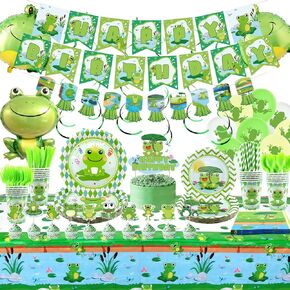 Frog birthday Party Decoration, Frog Party Supplies Tableware Includes Paper Plates, Balloons and HAPPY BIRTHDAY Banner for Green Frog Camping Baby Shower Kids Birthday Dinnerware Party, Serves 20 in Kuwait