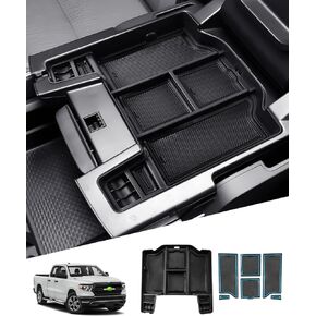 Autorder Center Console Organizer for 2019-2024 Dodge RAM 1500 2500 3500 Accessories Armrest Storage Box Secondary Insert Tray with 2 Color Mats (Full Console w/Bucket Seats ONLY)