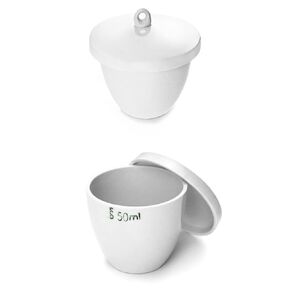QWORK Lab Porcelain Crucible with Lid, 6 Pack, 50ml Capacity, White, Smooth Surface, for Laboratory School to Heat Chemical Compounds