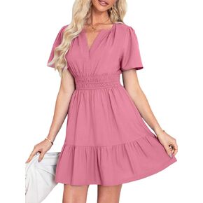 Simplee Women's Summer Beach Wedding Linen Mini Dress Casual Short Sleeve V Neck Empire Waist Flowy Boho Sundress