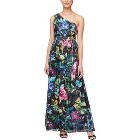 S.L. Fashions Women's Printed One Shoulder Long Maxi Dress with Tie Waist (Petite and Regular Sizes)