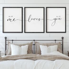 Set of 3 Framed Farmhouse All of Me Loves All of You Sign 11x14" Above Bed Wall Decor for Bedroom Decor Wall Art Wood Signs (11x14", Black)