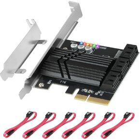 ASM1166 PCIe X4 SATA Card 6 Ports, Non Raid, Joylifeboard PCIE SATA III Controller Expansion Card 6 Gbps, Support 6 SATA 3.0 Devices, PCIe SATA Card with 6 SATA Cables+Thin Bracket