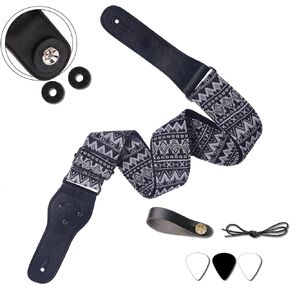 Guitar Strap,Vintage Woven Cotton Guitar Straps With Genuine Leather Ends for Bass,Electric & Acoustic Guitars Includes Strap Button,Strap Locks And Guitar Picks