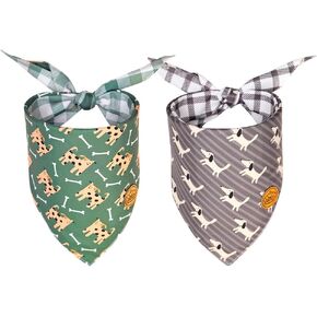 CROWNED BEAUTY Dog Bandanas Reversible Large 2 Pack for Boys, Pup Prints Set, Plaid Adjustable Triangle Holiday Scarves for Medium Large Extra Large Dogs Pets DB132-L