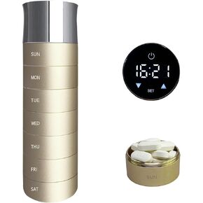 Metal Aluminum Alloy Travel Pill Organizer with Display, Touchscreen with 4 Alarms, USB Charge, Portable, Waterproof Weekly Pill Box, BPA Free 7 Day Daily Organizer Holder for Medicine, Vitamin