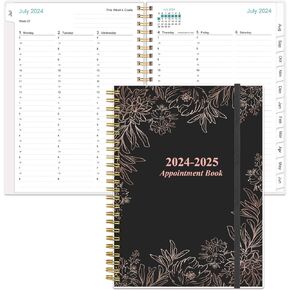 2025-2026 Appointment Book - 2025-2026 Daily Hourly Planner from July 2025 - June 2026,12 Monthly Tabs, Inner Pocket, 6.4" x 8.5", Black Flower