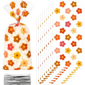 Whaline 160Pcs Groovy Boho Cellophane Treat Bags Hippie Boho Flowers Printed Cello Treat Bags Clear Plastic Candy Goodies Bags with Twist Ties for Birthday Baby Shower Wedding Party Supplies