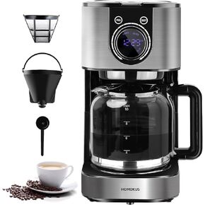 Homtone 10 Cup Programmable Coffee Maker, Drip Coffee Maker with LCD Screen, Glass Carafe, Warming Plate, Auto Shut Off, Regular & Strong Brew for Home and Office, Stainless Steel in Kuwait