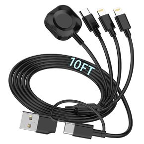 6in1 Multi Charging Cable for Apple Watch Charger, 10FT USB A/C Fast Charging Cord Cable Compatible with iWatch Ultra/SE/9/8/7/6/5/4/3 & iPhone 15/14/13/12/11/Galaxy, Black Universal Travel Charger