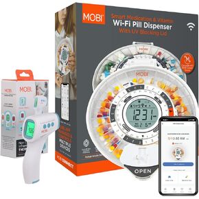 MOBI Smart Wireless Pill Dispenser with UV Lid, 28-Day Organizer, Key Lock, Sound & Light, for Pills, Prescriptions, Medication, Vitamins + Non-Contact Forehead Thermometer for Baby, Kids & Adults