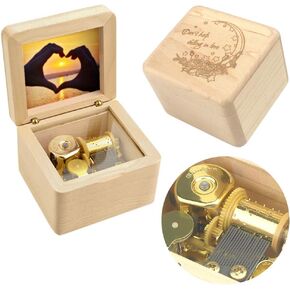 Natural Wooden Music Box with Customizable Photos Wind Up Musical Box Gifts for Christmas,Birthday and Valentine's Day(Simple Walnut, Tone:Can't Help Falling in Love)