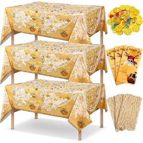 76 Pcs Pirate Party Set Includes 3 Pcs Pirate Party Tablecloth 3 Pcs Fish Net Party Decorations 70 Pcs Pirate Gold Coins and Pirate Gems for Treasure Theme Pirate Nautical Party Supplies