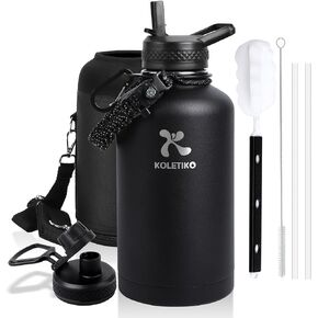 Insulated Water Bottle 64 oz, Vacuum Stainless Steel Water Bottles Keep COLD 36 Hrs, Leak Proof Half Gallon Water Jug Flask with Paracord Handle, Straw & Spout Lid, No BPA, Cyan Blue