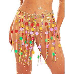 Nicute Rainbow Beads Waist Chain Dot Sequin Belly Dance Skirt Tassel Beach Rave Festival Party Bikini Skirt for Women and Girls