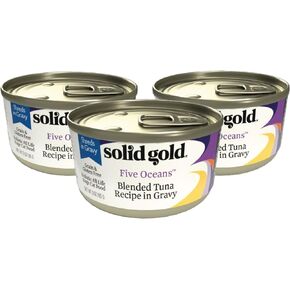 Solid Gold Wet Cat Food Shreds in Gravy Five Oceans 3 Count Sample Pack - Canned Cat Food Made w/Real Tuna for Cats of All Ages - Grain Free Cat Wet Food for Sensitive Stomach