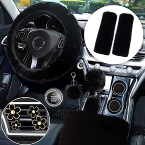 14-Pack Fluffy Car Accessories Set,Silence Shopping Cow Print Plush Fluffy Steering Wheel Cover Winter Warm Car Decoration Accessories for Women Girls (White and Black)