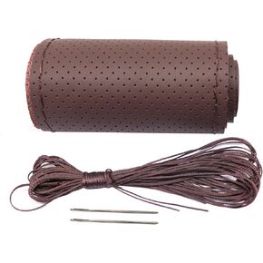GXARTS Universal Leather Car Steering Wheel Cover Stitch On Wrap Cover DIY Sewing Steering Wheel Protector Breathable and Anti Slip, Universal for 14.5-15-Inch Most Cars SUVs and Trucks Brown