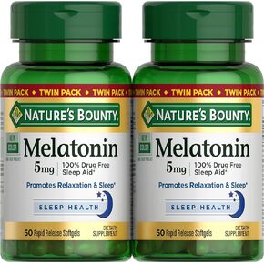 Nature's Bounty Melatonin, 100% Drug Free Sleep Aid, Dietary Supplement, Promotes Relaxation and Sleep Health, 5mg, 60 Softgels, Twin Pack