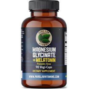 Magnesium Glycinate with Melatonin 3 mg - 90 Vegan Caps by Pure Lab Vitamins - Helps with Jet Lag and Sleep Cycles 🍁 Made in Canada