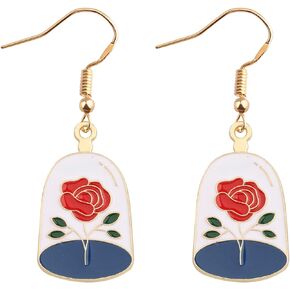 Beauty Beast Movie Inspired Gift Belle Rose Floral Charm Earring Princess Necklace for Women Movie Fans Gift