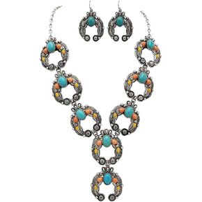 Rosemarie & Jubalee Women's Cowgirl Chic Western Style Colorful Howlite Stone Squash Blossoms Y-Drop Necklace Earrings Set, 24"+3" Extension